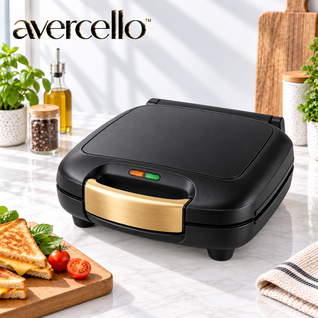 "avercello™ Compact Electric Sandwich Maker with Deep Cooking Plates and Brushed Gold Locking Handle    Product Color：Matte Black Body + Brushed Gold Handle Accent + Dark Nonstick Cooking Plates "