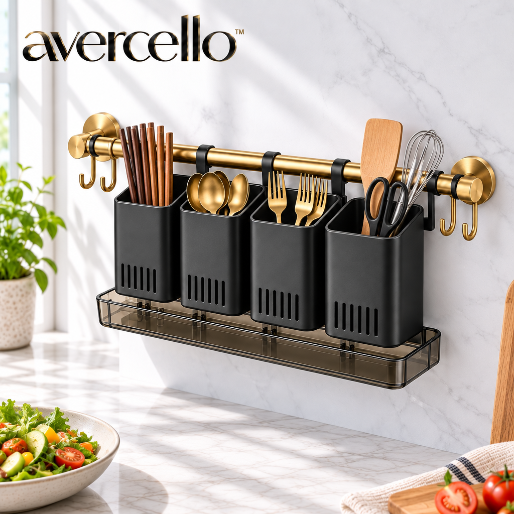 avercello™ Wall-Mounted Cutlery Organizer with Divided Utensil Cups, Drainage Tray and Brushed Gold Rail
