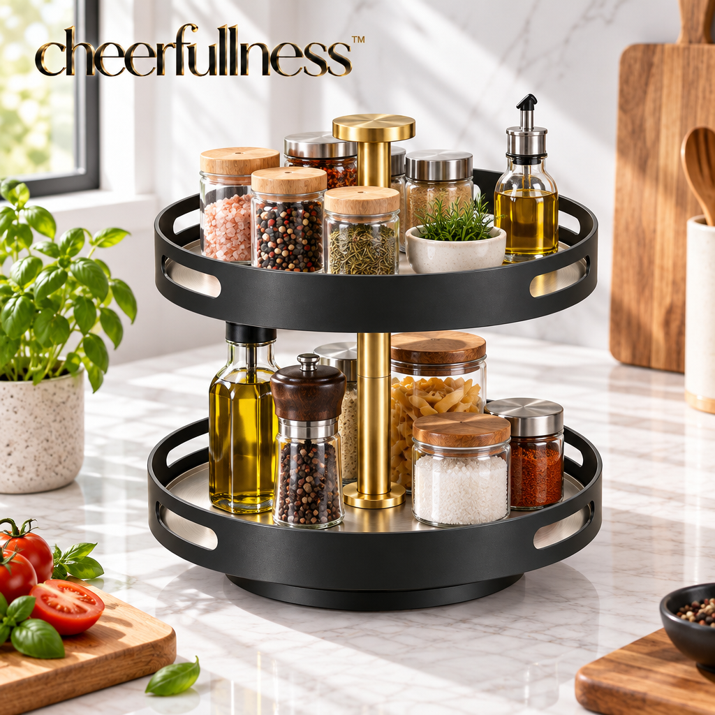 cheerfullness™ Two-Tier Rotating Kitchen Countertop Organizer with Stainless Steel Storage Trays and Brushed Gold Central Frame