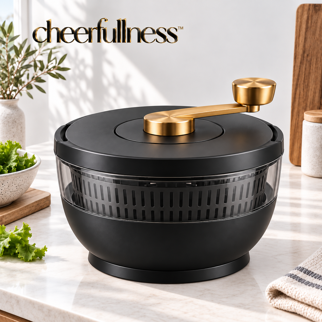 cheerfullness™ Manual Salad Spinner with Matte Black Body, Clear Viewing Band and Brushed Gold Turn Handle