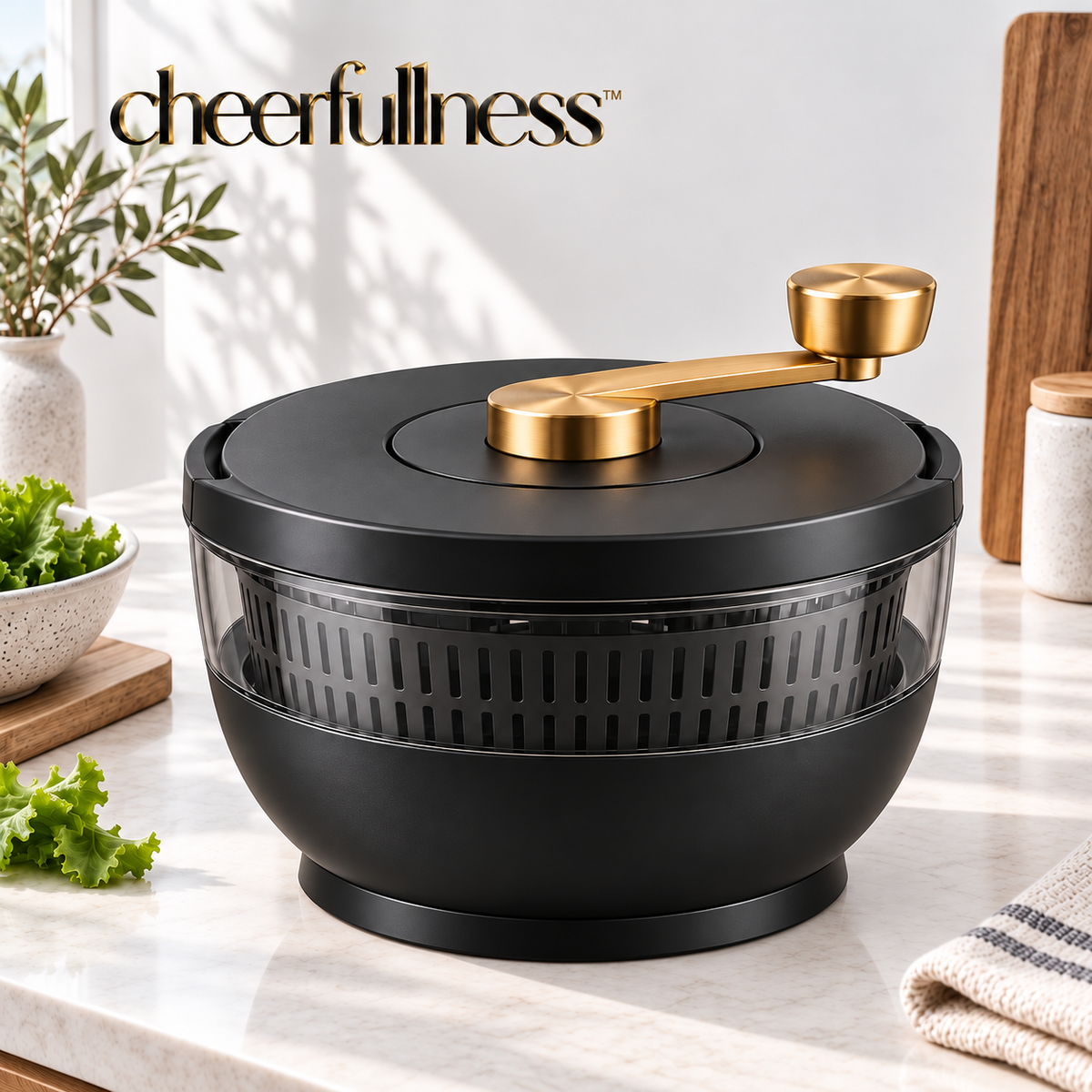 cheerfullness™ Manual Salad Spinner with Matte Black Body, Clear Viewing Band and Brushed Gold Turn Handle