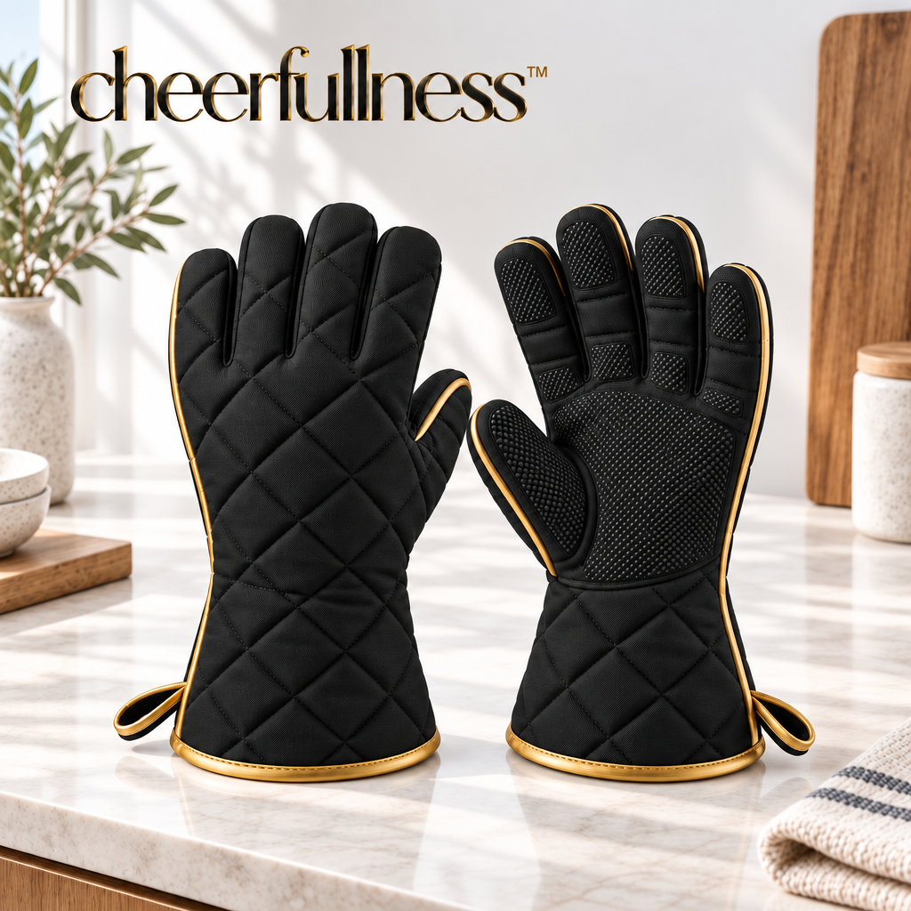 cheerfullness™ Quilted Kitchen Heat-Handling Glove Pair with Matte Black Exterior and Brushed Gold Trim