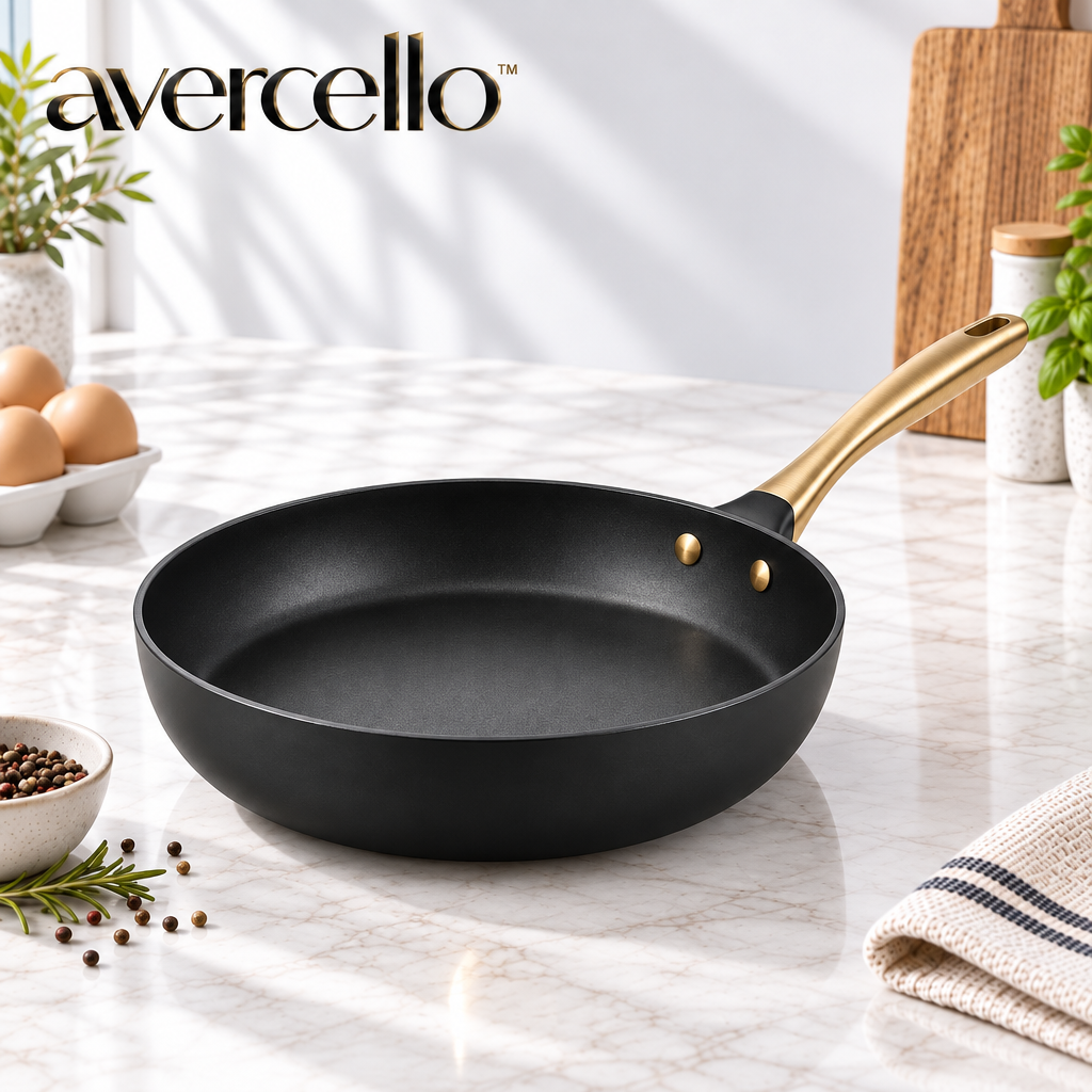 avercello™ Deep Everyday Frying Pan with Matte Black Body and Sculpted Brushed Gold Handle
