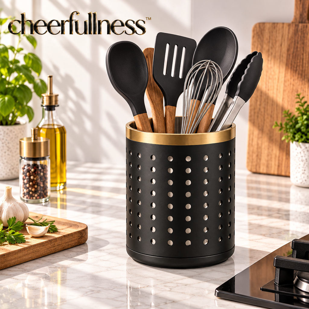 cheerfullness™ Elevated Matte Black Stainless Steel Kitchen Utensil Holder with Perforated Drainage Body and Brushed Gold Rim Detail
