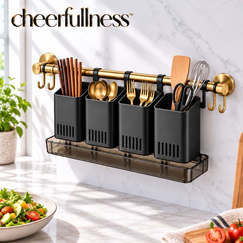 cheerfullness™ Wall-Mounted Cutlery Organizer with Divided Utensil Cups, Drainage Tray and Brushed Gold Rail