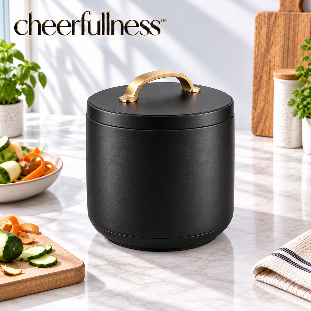 cheerfullness™ Round Countertop Kitchen Compost Scrap Bin with Lift-Off Lid and Brushed Gold Handle