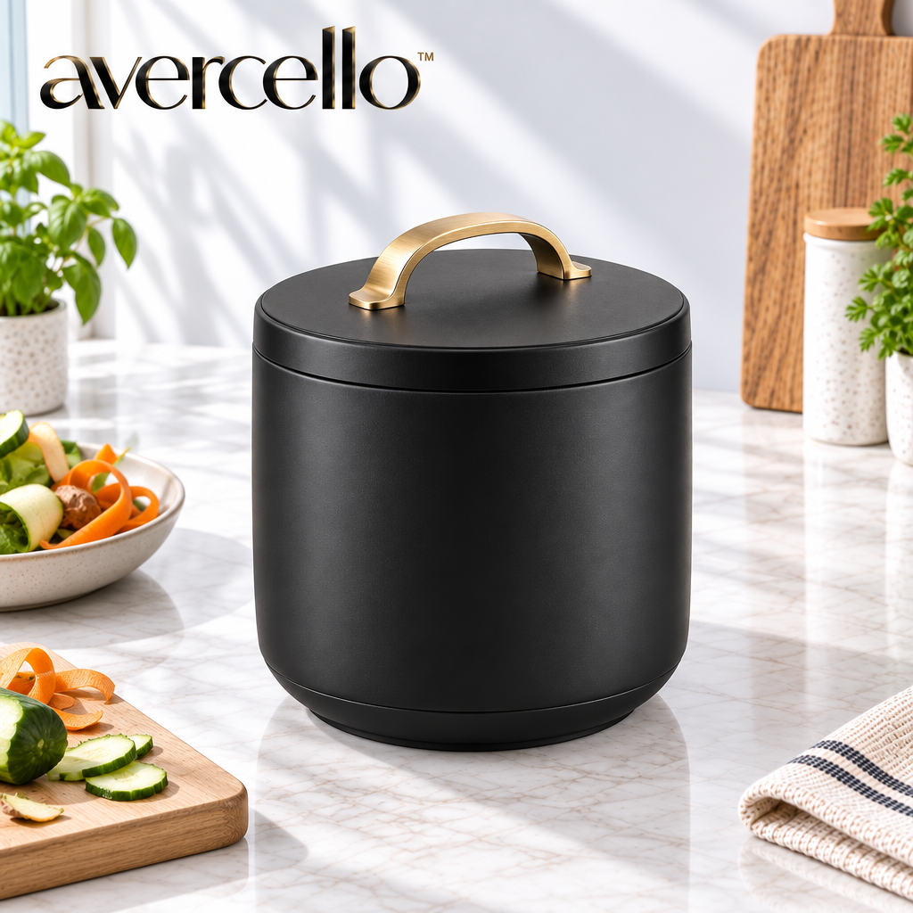 avercello™ Round Countertop Kitchen Compost Scrap Bin with Lift-Off Lid and Brushed Gold Handle