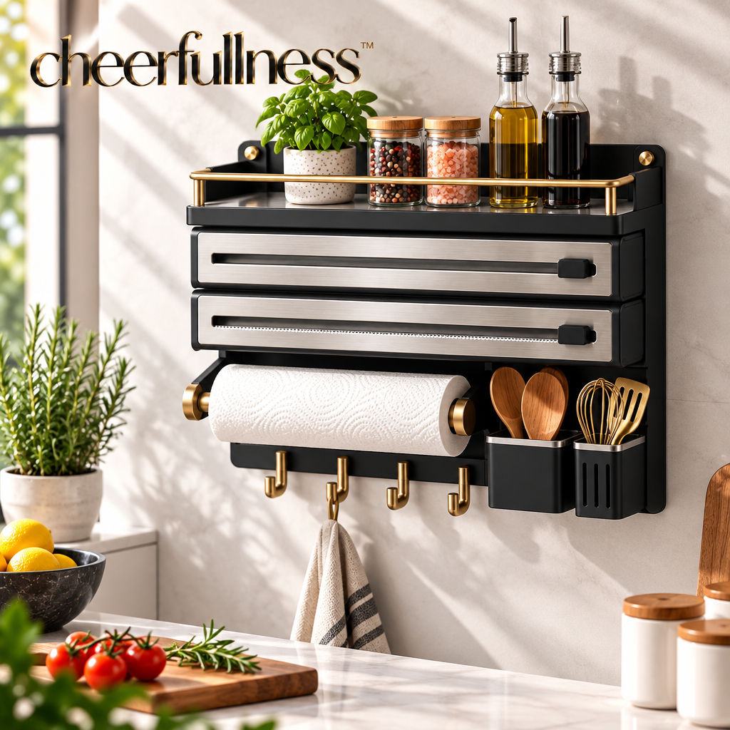 cheerfullness™ Multi-Function Wall-Mounted Kitchen Organizer with Paper Towel Holder, Wrap Storage Compartment and Brushed Gold Rail