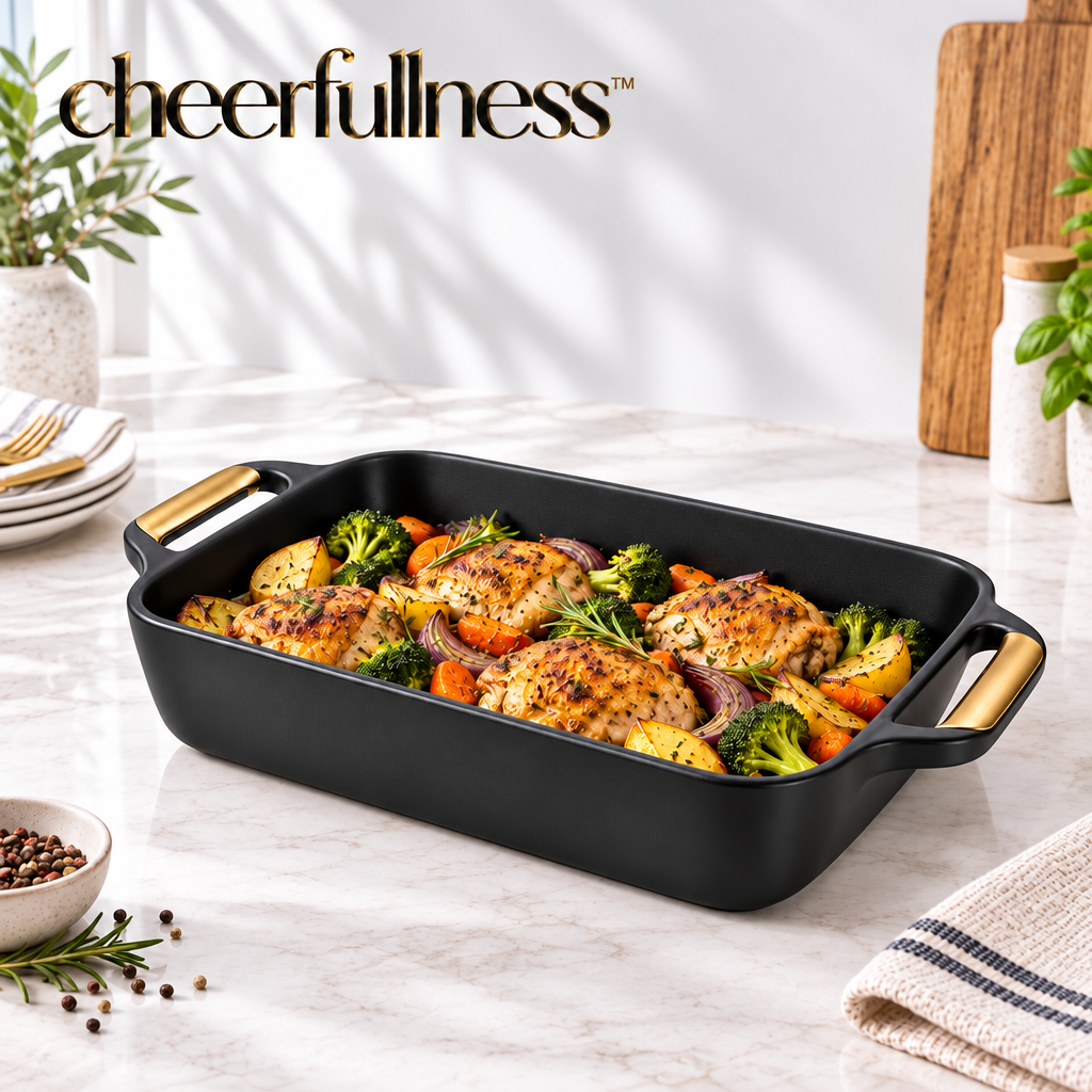 cheerfullness™ Deep Rectangular Serving Dish with Integrated Side Handles and Brushed Gold Handle Inserts