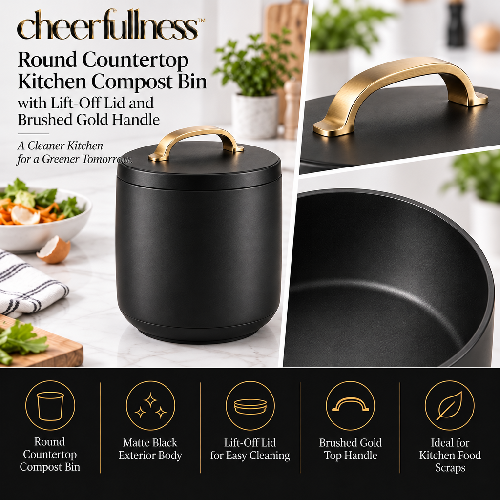 cheerfullness™ Round Countertop Kitchen Compost Scrap Bin with Lift-Off Lid and Brushed Gold Handle
