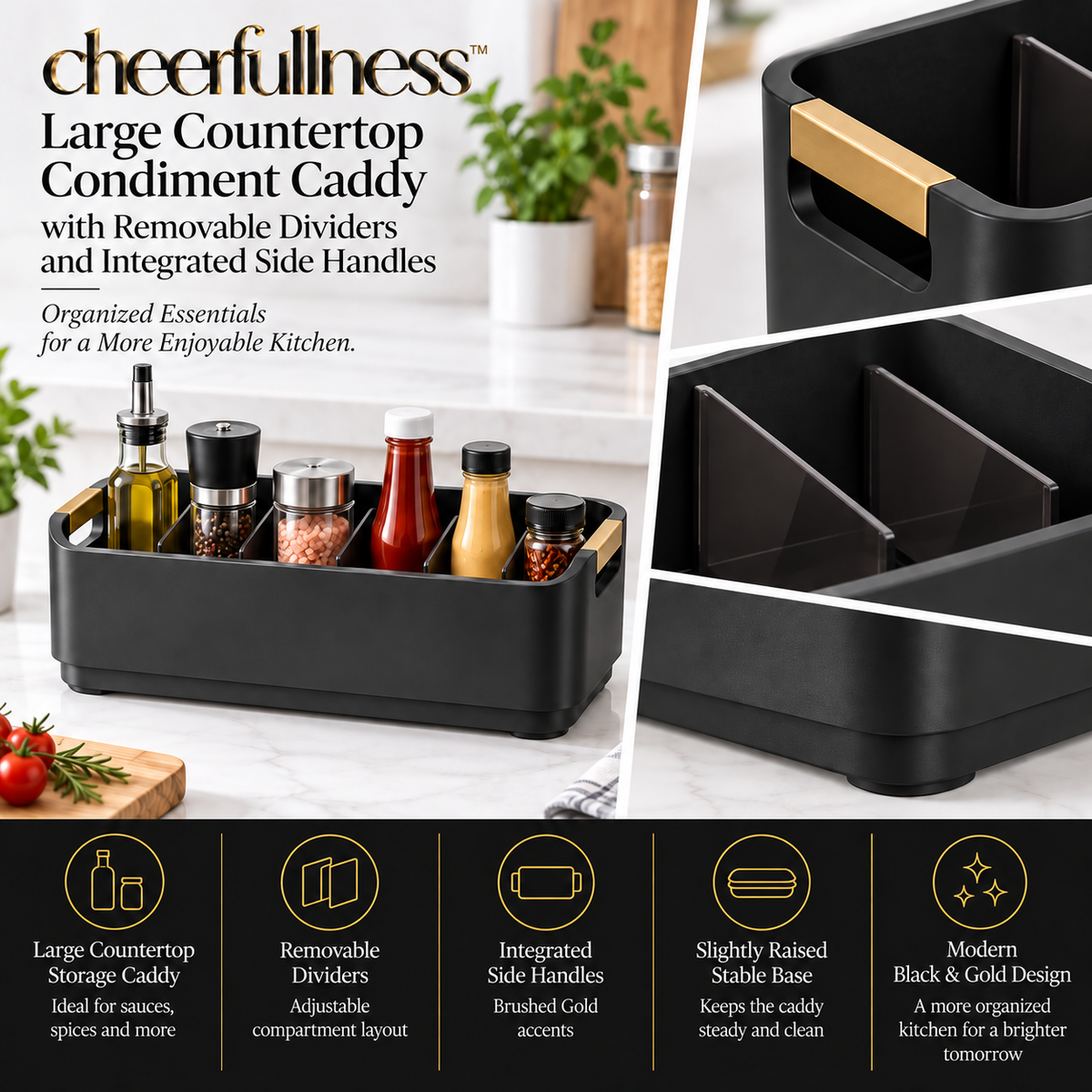 cheerfullness™ Large Countertop Condiment Caddy with Removable Dividers and Integrated Side Handles "