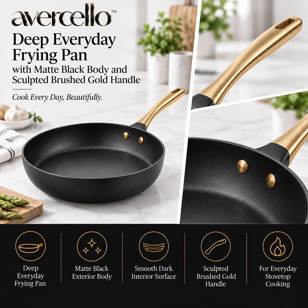 avercello™ Deep Everyday Frying Pan with Matte Black Body and Sculpted Brushed Gold Handle