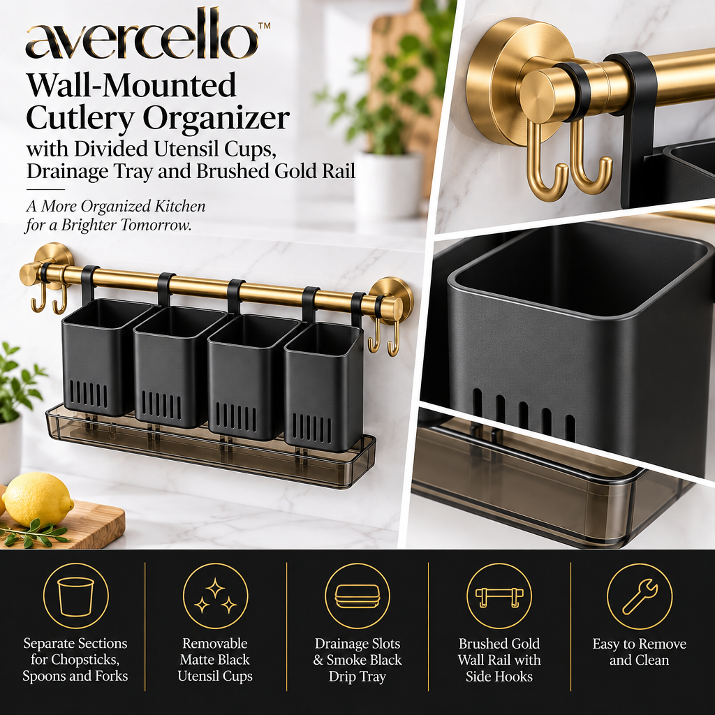 avercello™ Wall-Mounted Cutlery Organizer with Divided Utensil Cups, Drainage Tray and Brushed Gold Rail