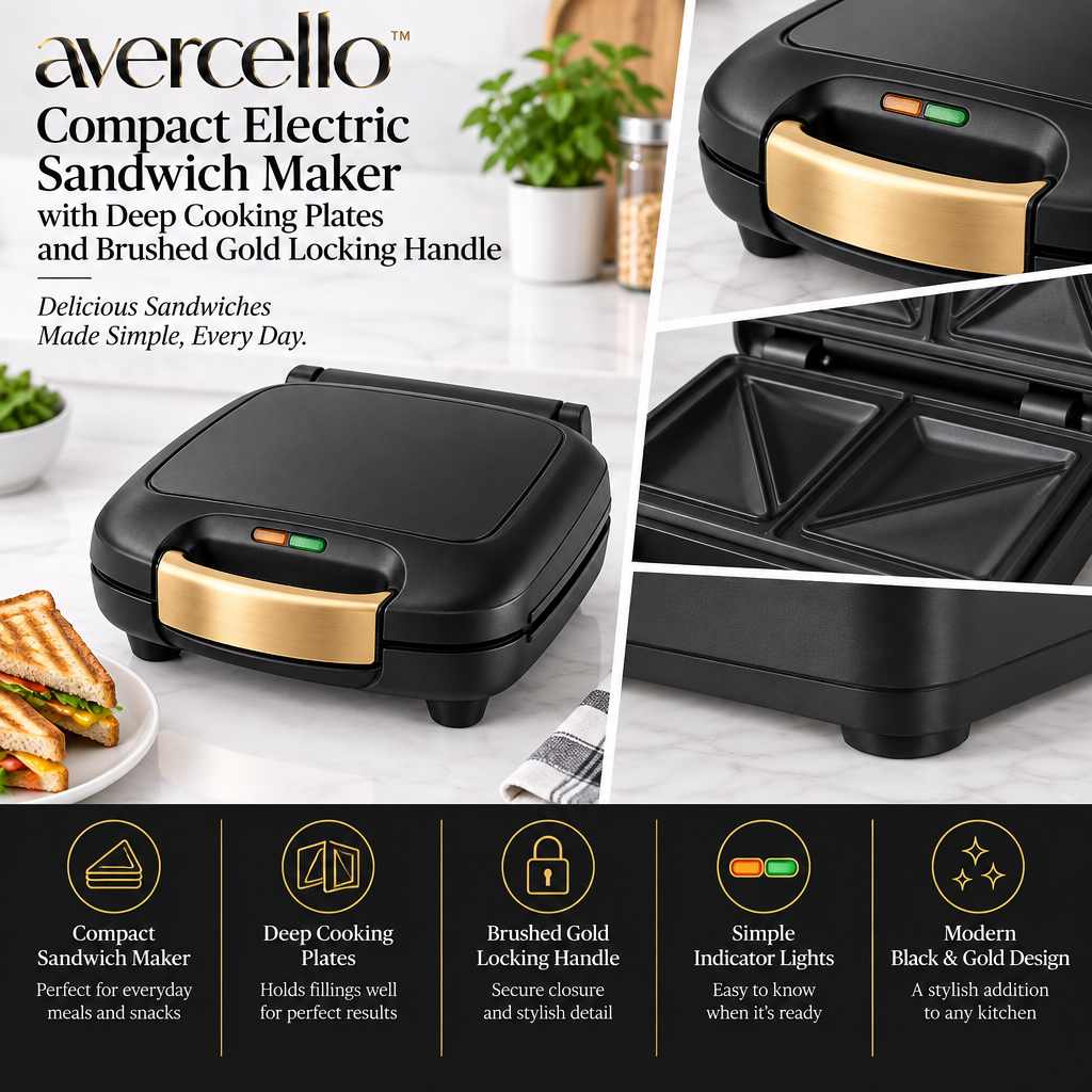 "avercello™ Compact Electric Sandwich Maker with Deep Cooking Plates and Brushed Gold Locking Handle    Product Color：Matte Black Body + Brushed Gold Handle Accent + Dark Nonstick Cooking Plates "