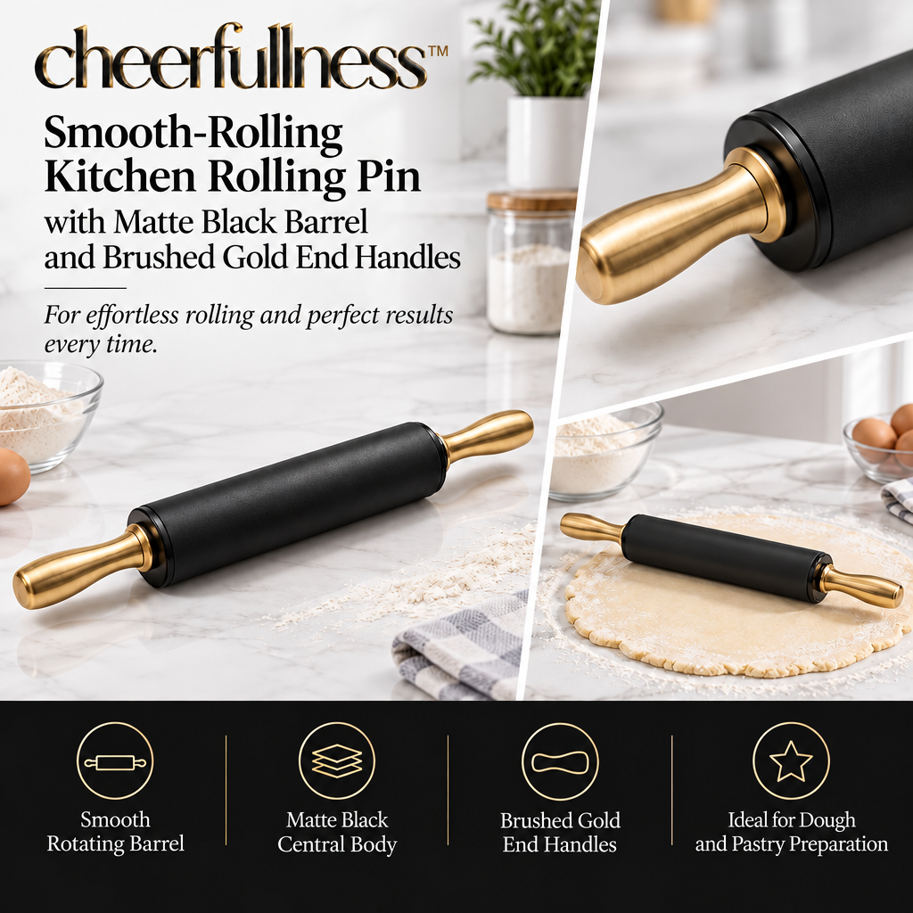 cheerfullness™ Smooth-Rolling Kitchen Rolling Pin with Matte Black Barrel and Brushed Gold End Handles