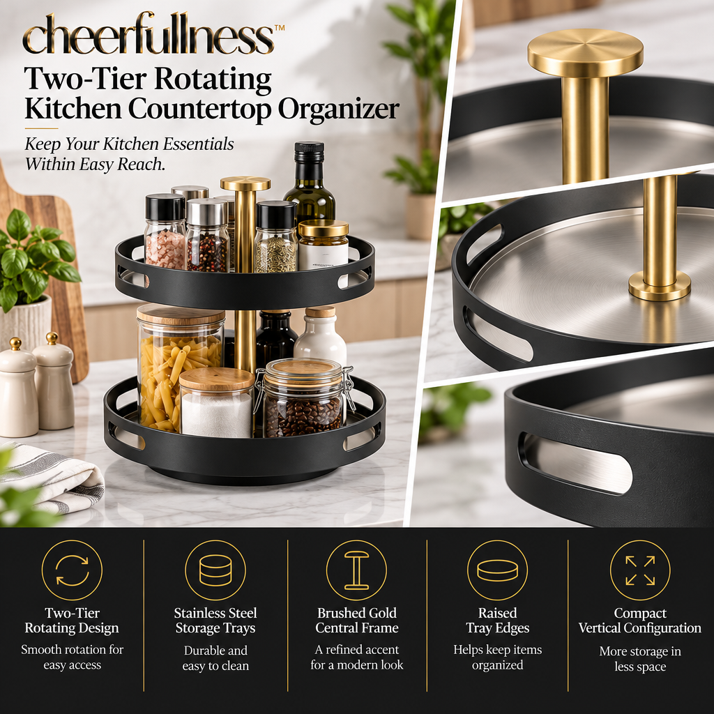 cheerfullness™ Two-Tier Rotating Kitchen Countertop Organizer with Stainless Steel Storage Trays and Brushed Gold Central Frame
