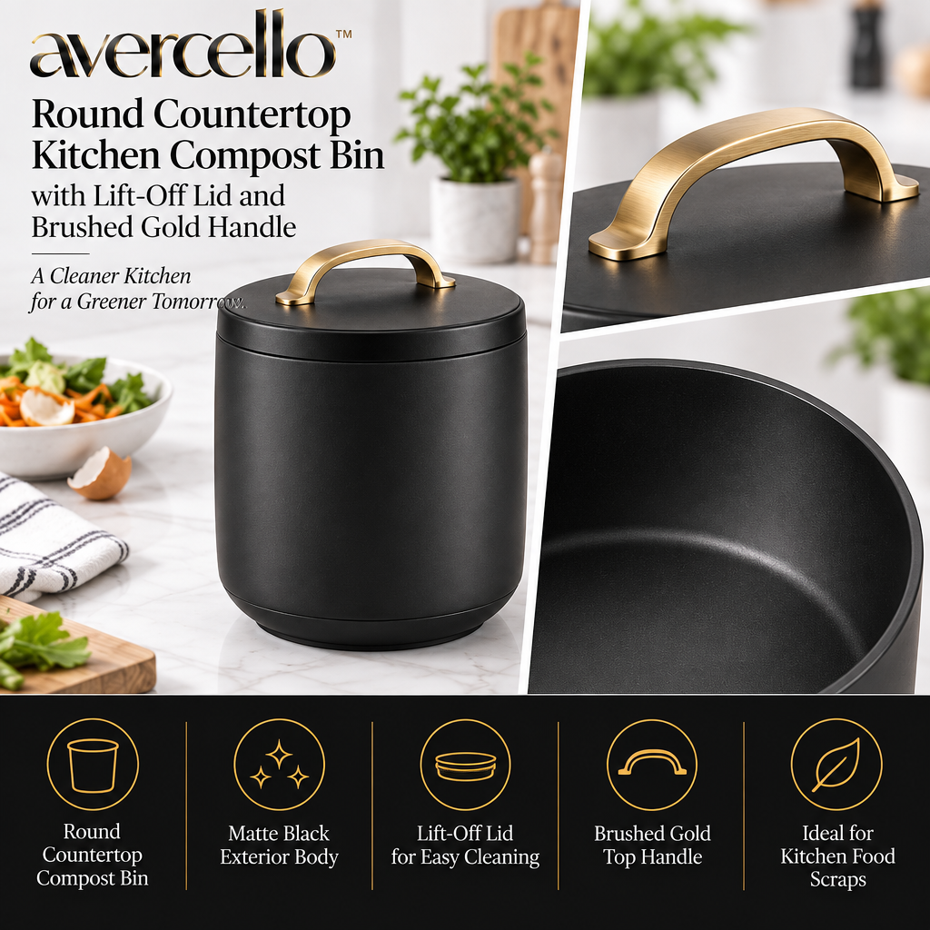 avercello™ Round Countertop Kitchen Compost Scrap Bin with Lift-Off Lid and Brushed Gold Handle
