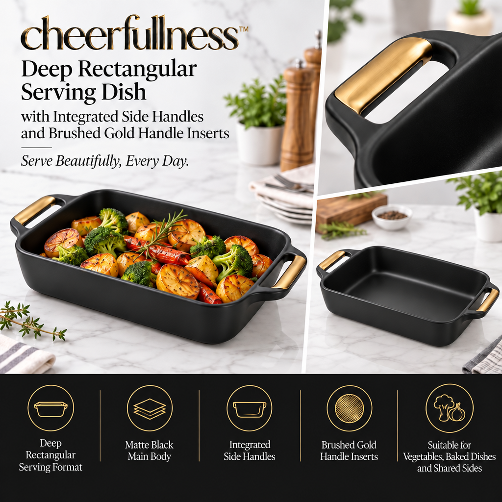 cheerfullness™ Deep Rectangular Serving Dish with Integrated Side Handles and Brushed Gold Handle Inserts