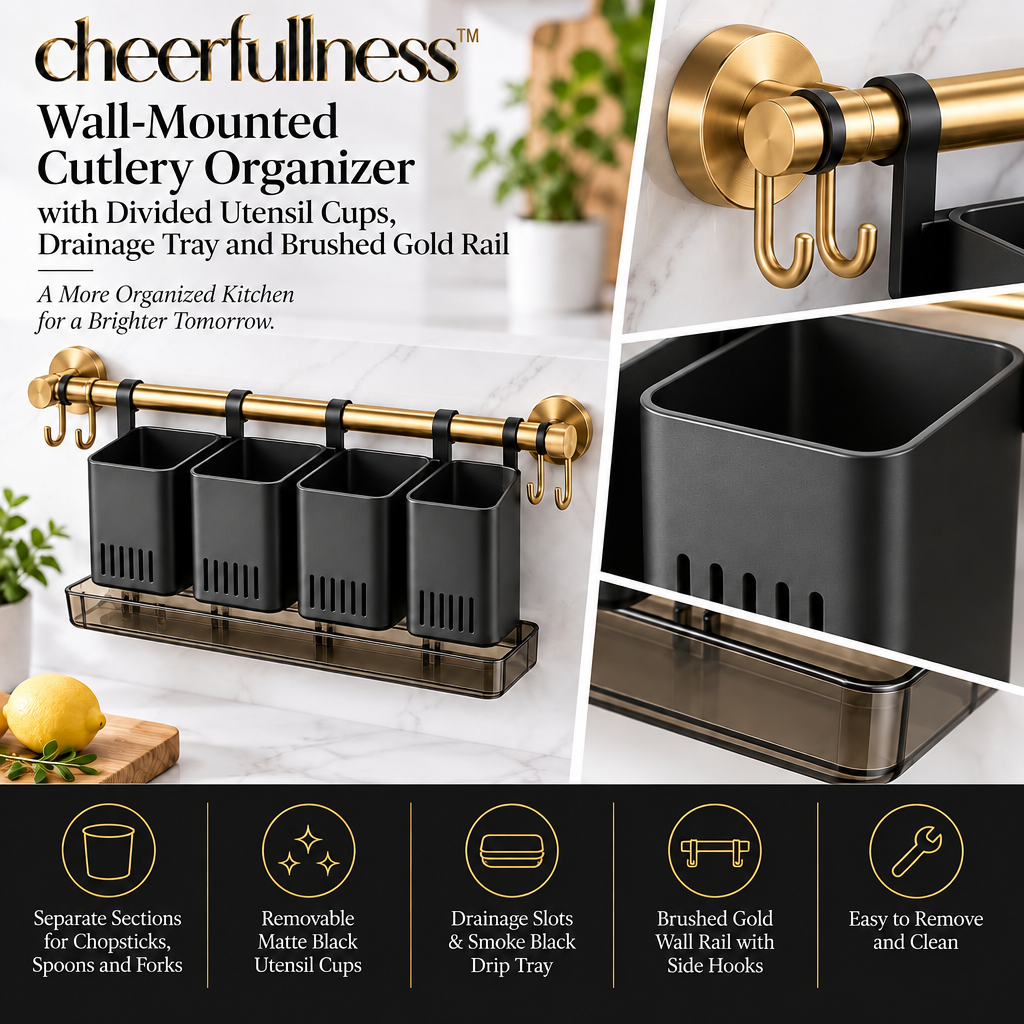 cheerfullness™ Wall-Mounted Cutlery Organizer with Divided Utensil Cups, Drainage Tray and Brushed Gold Rail