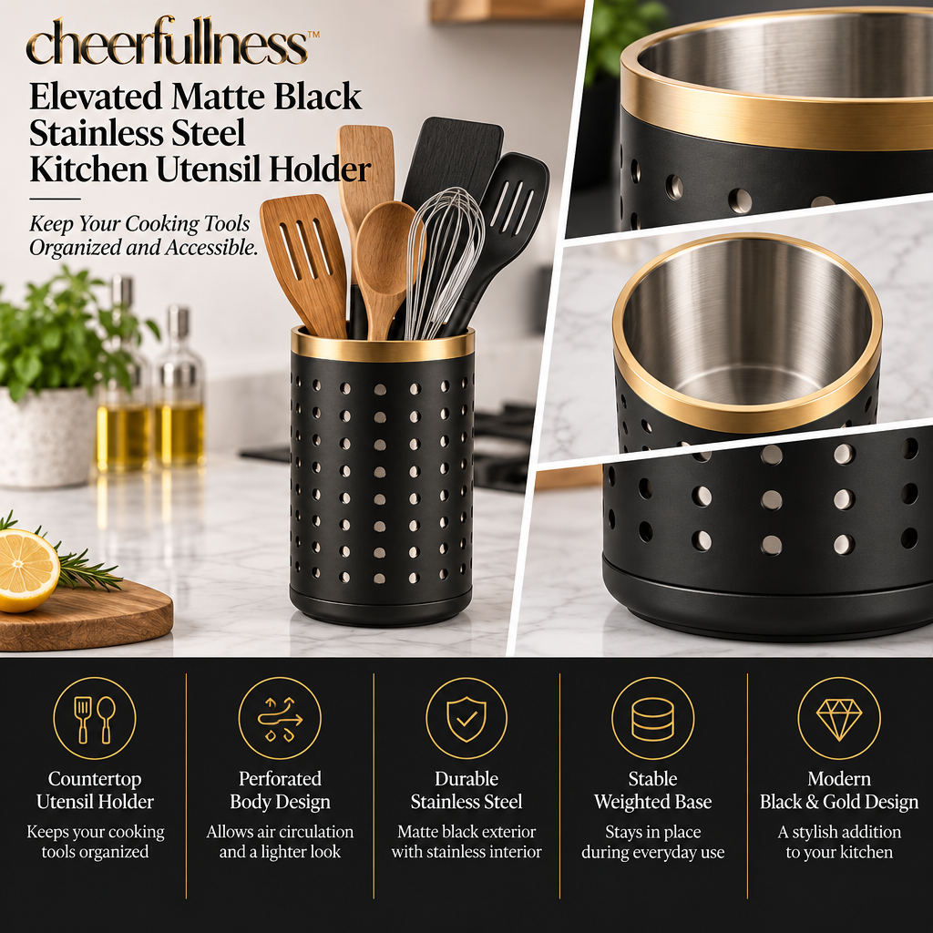 cheerfullness™ Elevated Matte Black Stainless Steel Kitchen Utensil Holder with Perforated Drainage Body and Brushed Gold Rim Detail