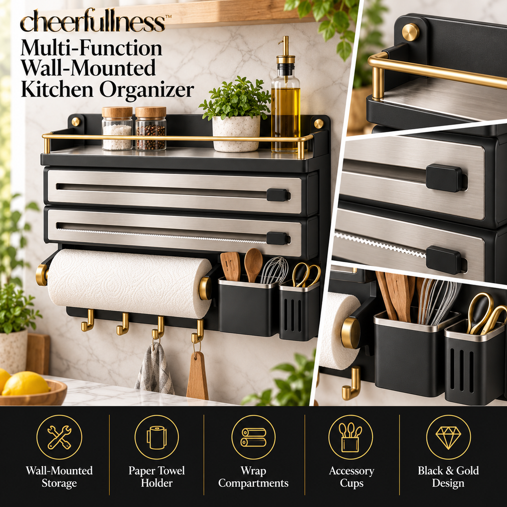 cheerfullness™ Multi-Function Wall-Mounted Kitchen Organizer with Paper Towel Holder, Wrap Storage Compartment and Brushed Gold Rail