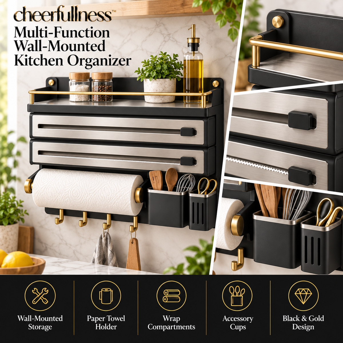 cheerfullness™ Multi-Function Wall-Mounted Kitchen Organizer with Paper Towel Holder, Wrap Storage Compartment and Brushed Gold Rail