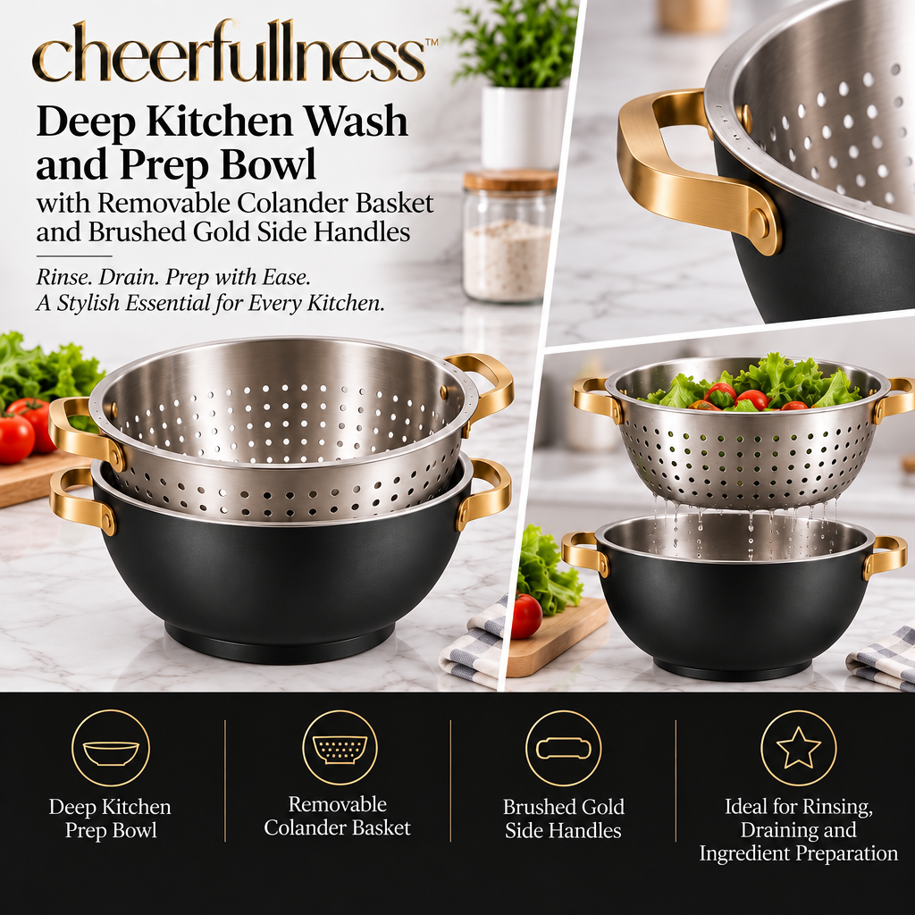 cheerfullness™ Deep Kitchen Wash and Prep Bowl with Removable Colander Basket and Brushed Gold Side Handles