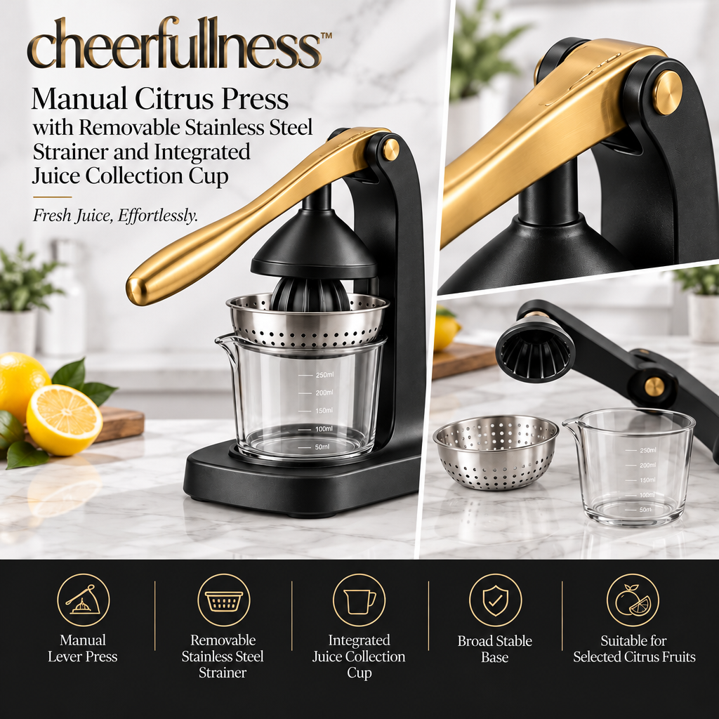 cheerfullness™ Manual Citrus Press with Removable Stainless Steel Strainer and Integrated Juice Collection Cup