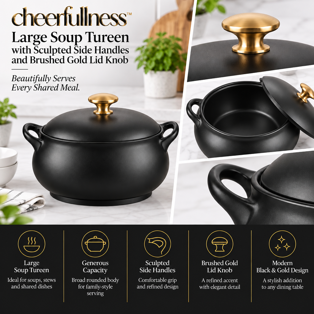 cheerfullness™ Large Soup Tureen with Sculpted Side Handles and Brushed Gold Lid Knob