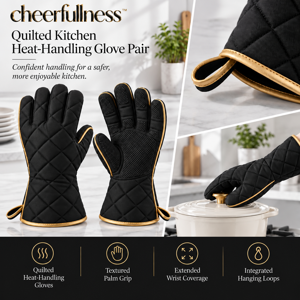 cheerfullness™ Quilted Kitchen Heat-Handling Glove Pair with Matte Black Exterior and Brushed Gold Trim