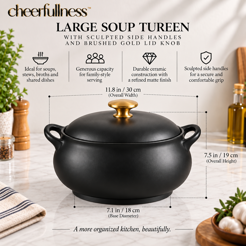 cheerfullness™ Large Soup Tureen with Sculpted Side Handles and Brushed Gold Lid Knob