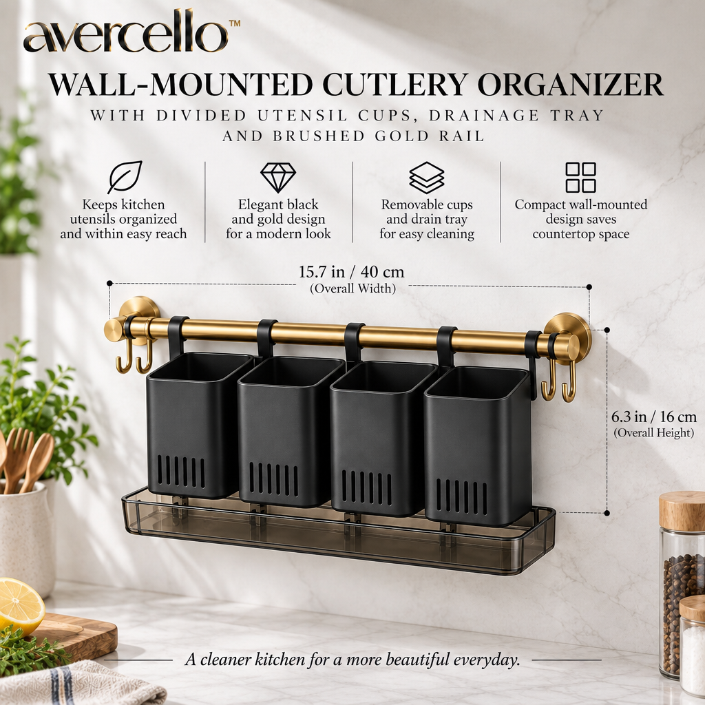 avercello™ Wall-Mounted Cutlery Organizer with Divided Utensil Cups, Drainage Tray and Brushed Gold Rail