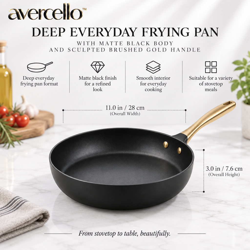 avercello™ Deep Everyday Frying Pan with Matte Black Body and Sculpted Brushed Gold Handle