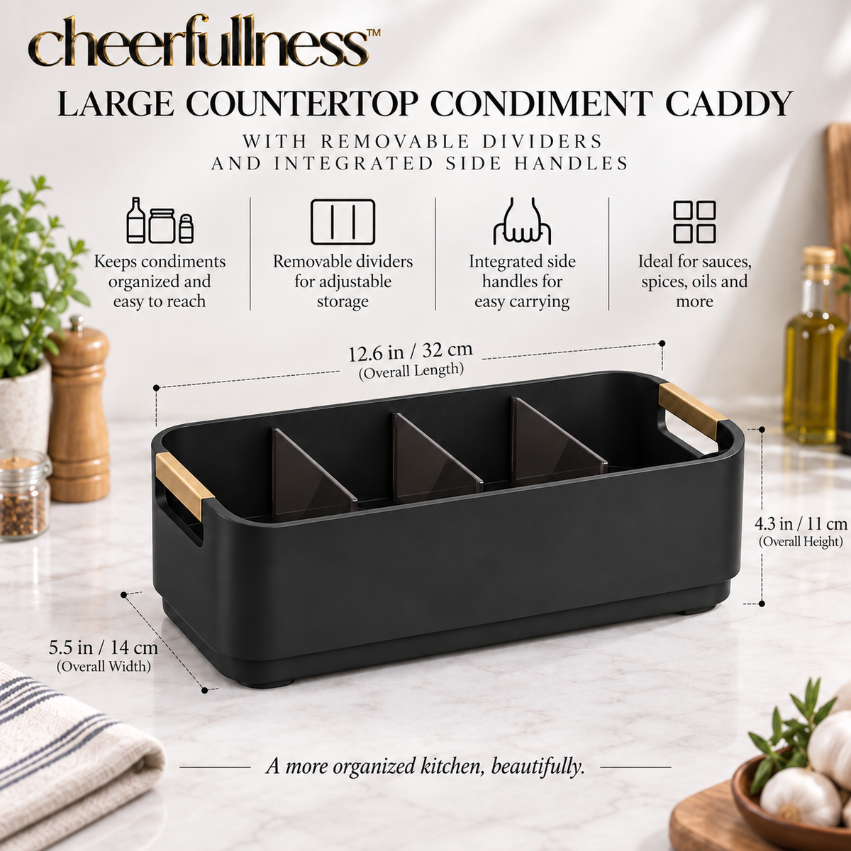 cheerfullness™ Large Countertop Condiment Caddy with Removable Dividers and Integrated Side Handles "