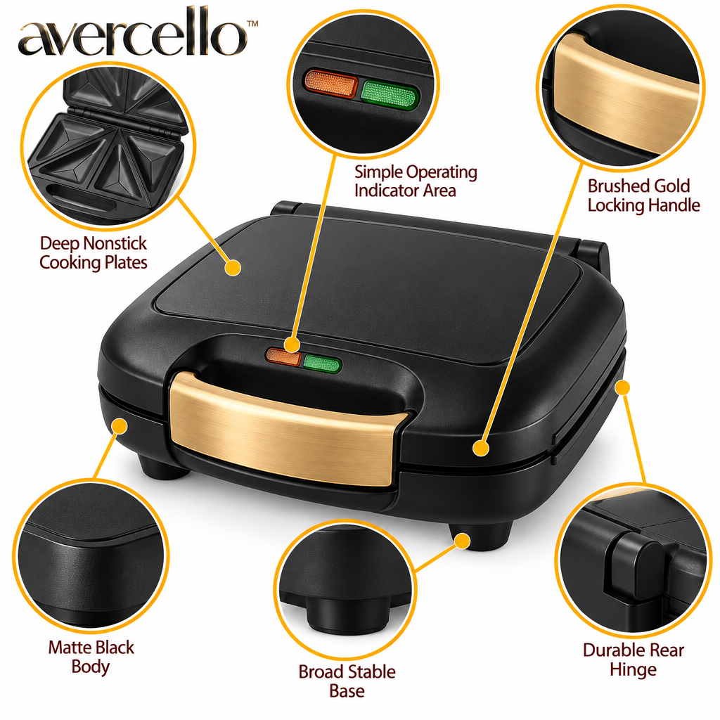 "avercello™ Compact Electric Sandwich Maker with Deep Cooking Plates and Brushed Gold Locking Handle    Product Color：Matte Black Body + Brushed Gold Handle Accent + Dark Nonstick Cooking Plates "