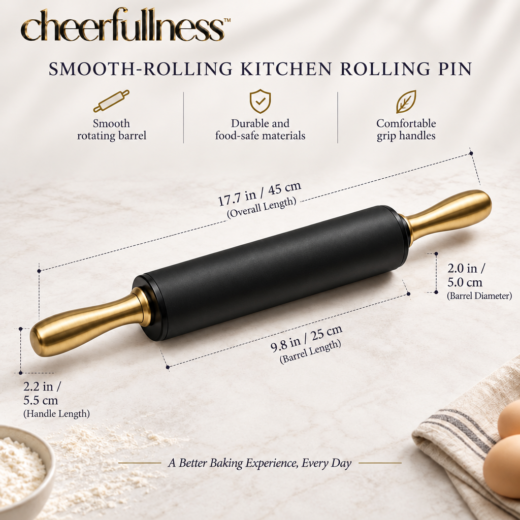 cheerfullness™ Smooth-Rolling Kitchen Rolling Pin with Matte Black Barrel and Brushed Gold End Handles