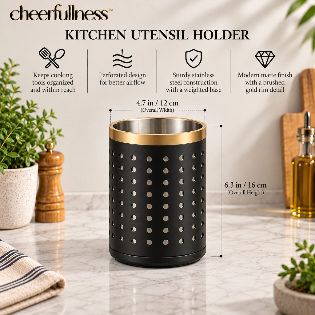cheerfullness™ Elevated Matte Black Stainless Steel Kitchen Utensil Holder with Perforated Drainage Body and Brushed Gold Rim Detail