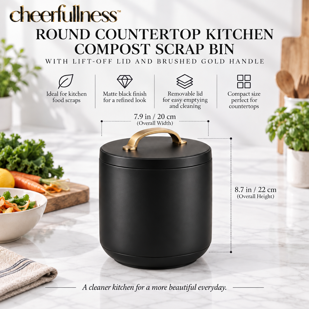 cheerfullness™ Round Countertop Kitchen Compost Scrap Bin with Lift-Off Lid and Brushed Gold Handle