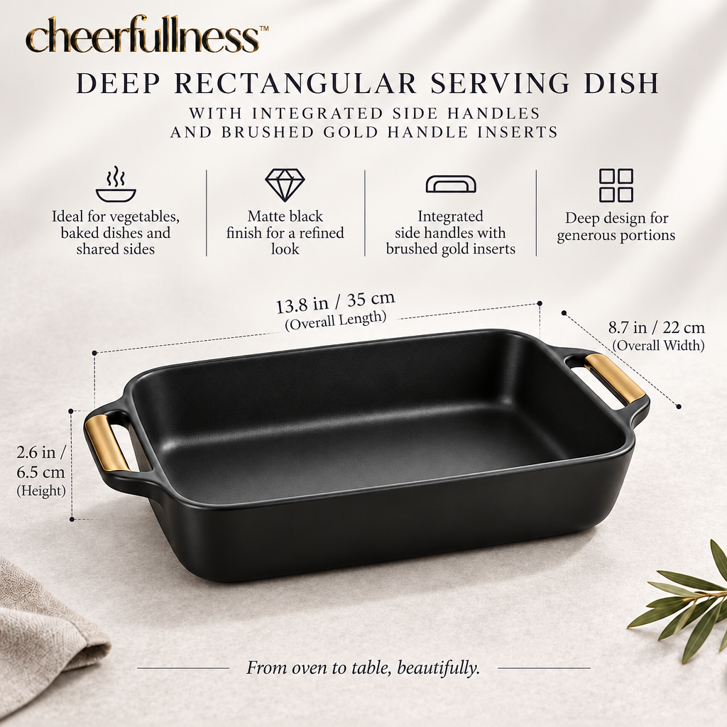 cheerfullness™ Deep Rectangular Serving Dish with Integrated Side Handles and Brushed Gold Handle Inserts