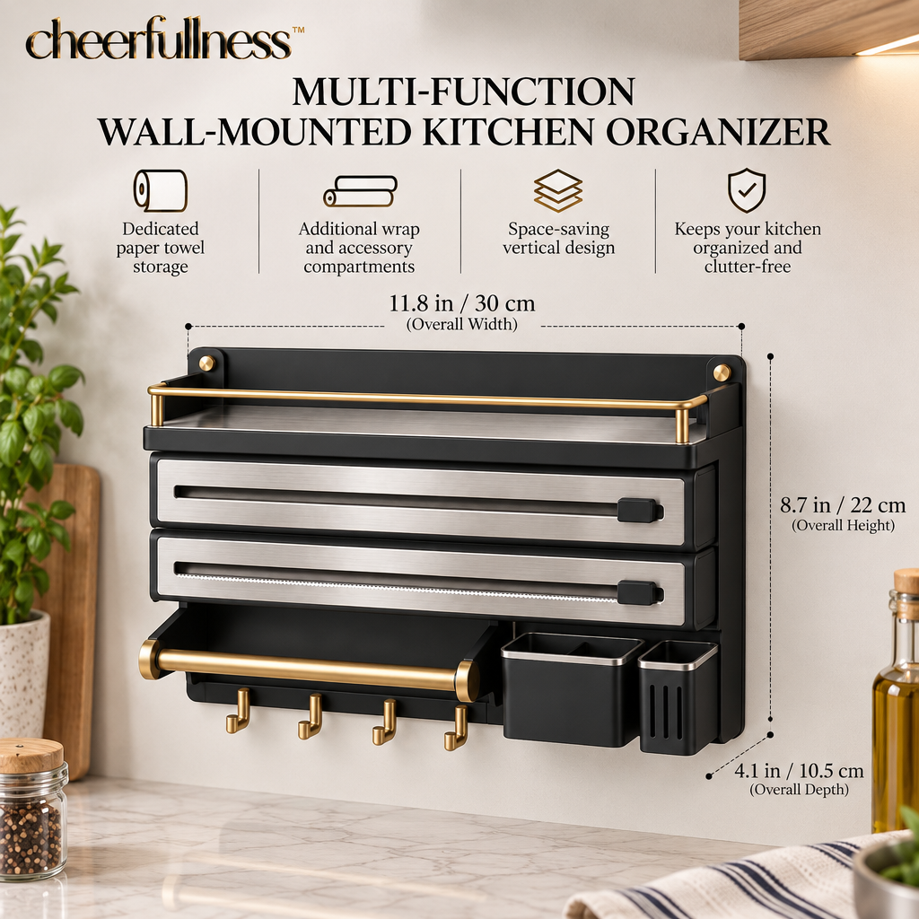 cheerfullness™ Multi-Function Wall-Mounted Kitchen Organizer with Paper Towel Holder, Wrap Storage Compartment and Brushed Gold Rail