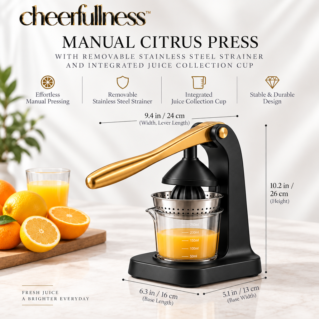cheerfullness™ Manual Citrus Press with Removable Stainless Steel Strainer and Integrated Juice Collection Cup