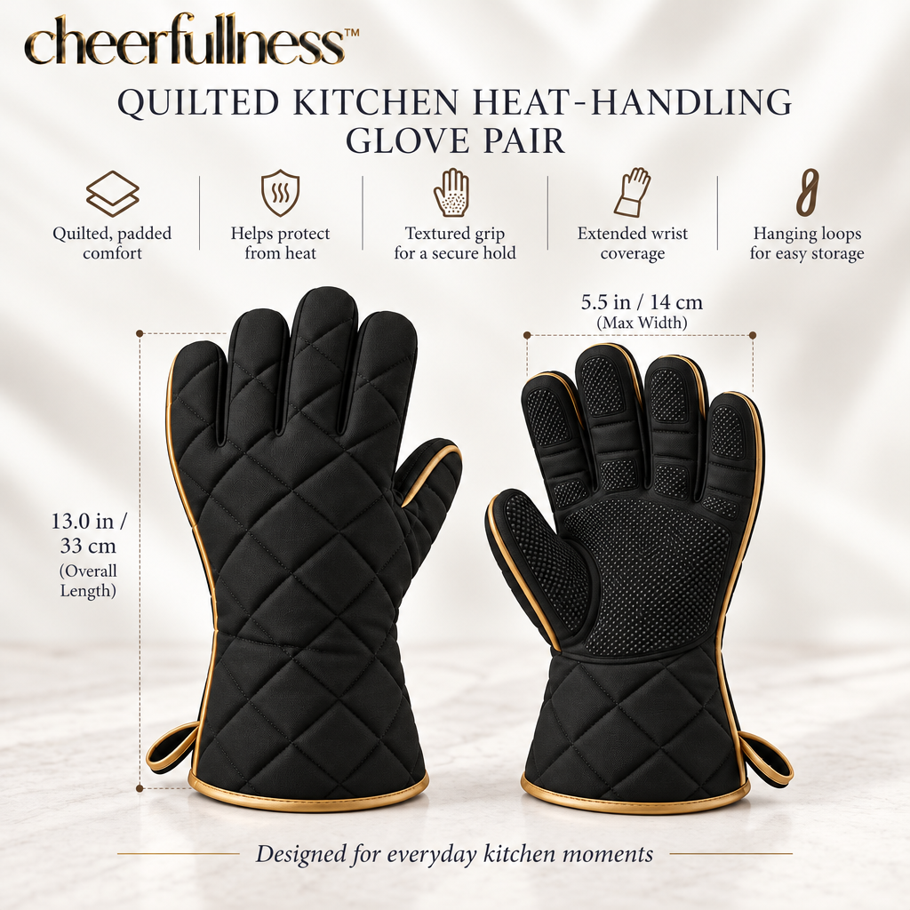 cheerfullness™ Quilted Kitchen Heat-Handling Glove Pair with Matte Black Exterior and Brushed Gold Trim