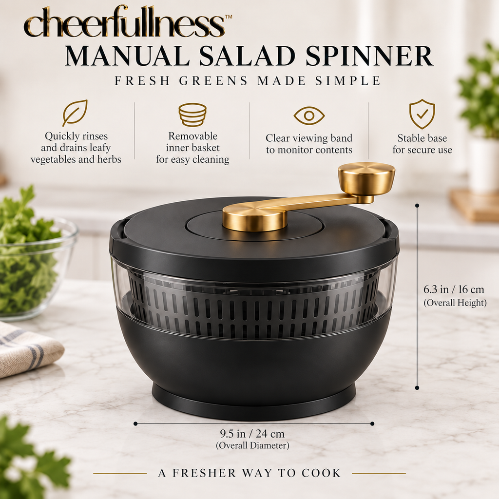 cheerfullness™ Manual Salad Spinner with Matte Black Body, Clear Viewing Band and Brushed Gold Turn Handle