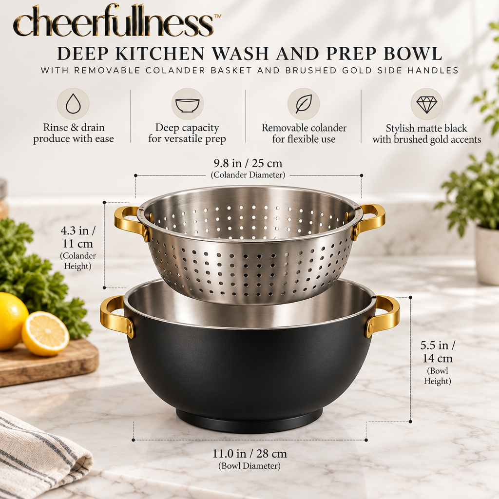 cheerfullness™ Deep Kitchen Wash and Prep Bowl with Removable Colander Basket and Brushed Gold Side Handles