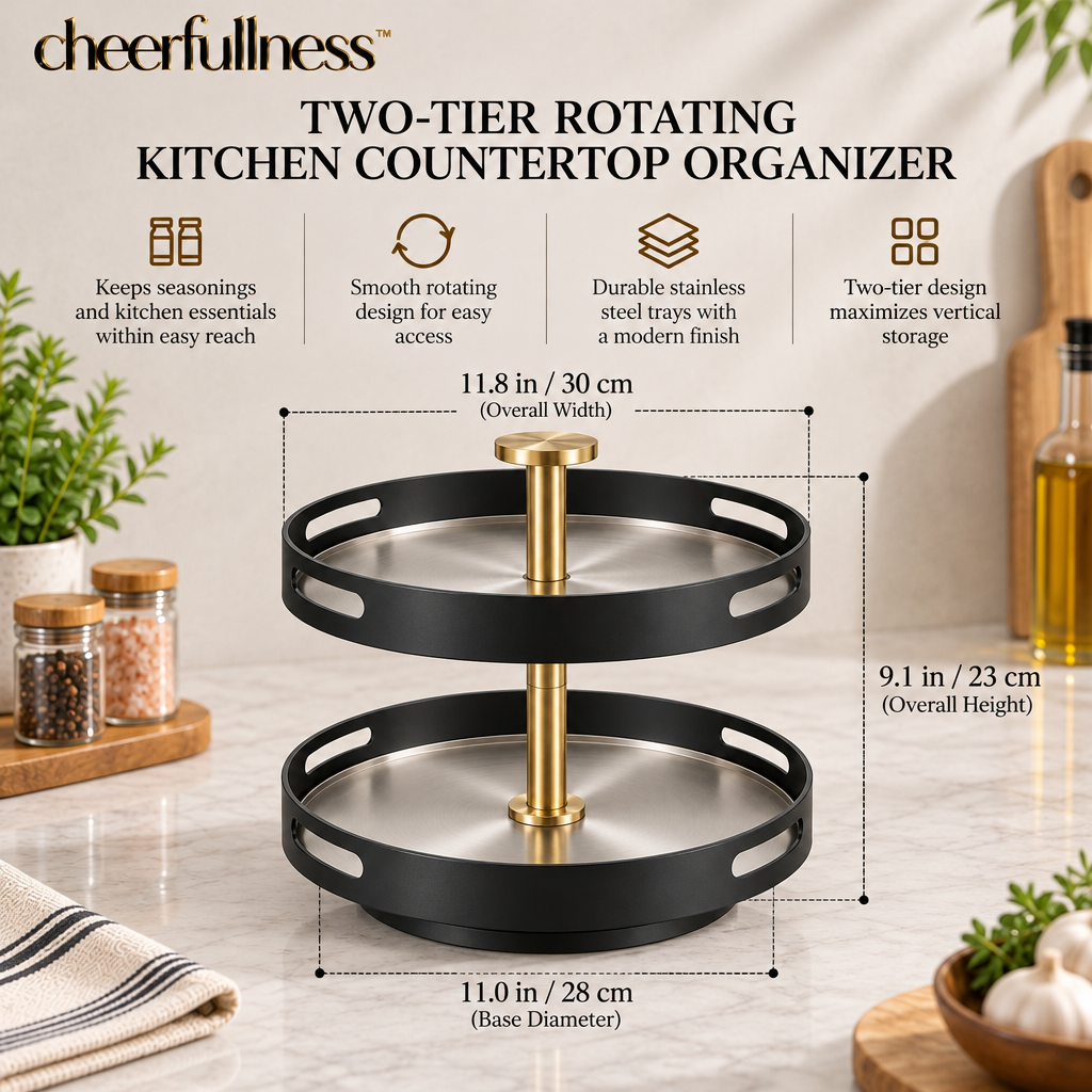 cheerfullness™ Two-Tier Rotating Kitchen Countertop Organizer with Stainless Steel Storage Trays and Brushed Gold Central Frame