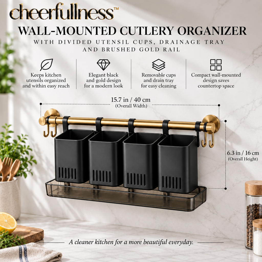 cheerfullness™ Wall-Mounted Cutlery Organizer with Divided Utensil Cups, Drainage Tray and Brushed Gold Rail