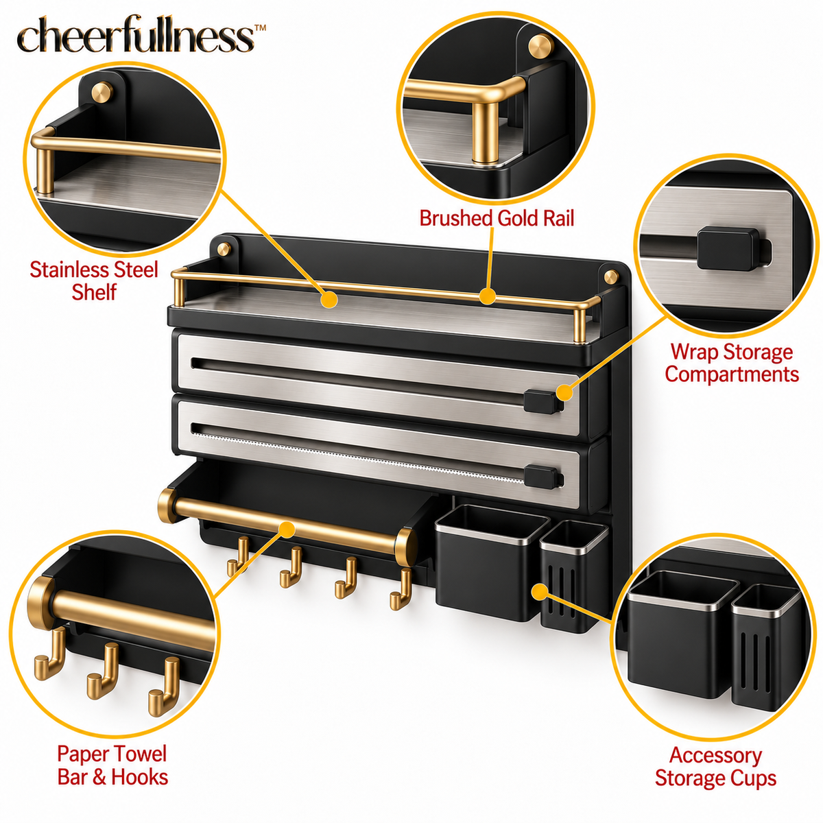 cheerfullness™ Multi-Function Wall-Mounted Kitchen Organizer with Paper Towel Holder, Wrap Storage Compartment and Brushed Gold Rail