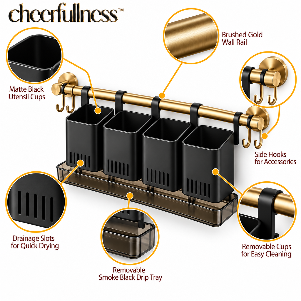 cheerfullness™ Wall-Mounted Cutlery Organizer with Divided Utensil Cups, Drainage Tray and Brushed Gold Rail