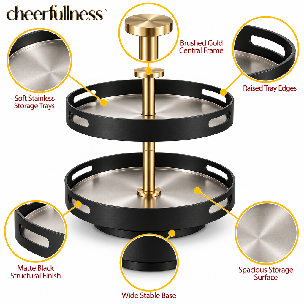 cheerfullness™ Two-Tier Rotating Kitchen Countertop Organizer with Stainless Steel Storage Trays and Brushed Gold Central Frame