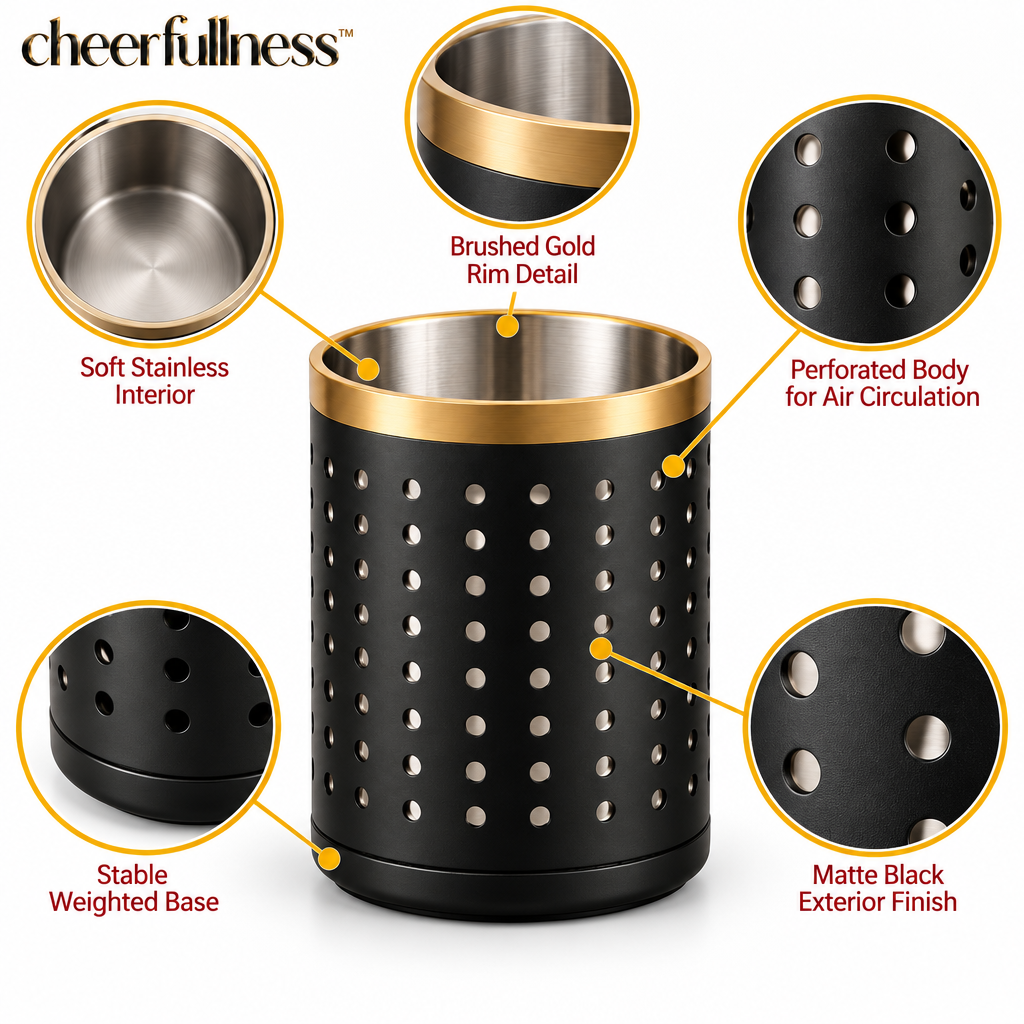 cheerfullness™ Elevated Matte Black Stainless Steel Kitchen Utensil Holder with Perforated Drainage Body and Brushed Gold Rim Detail